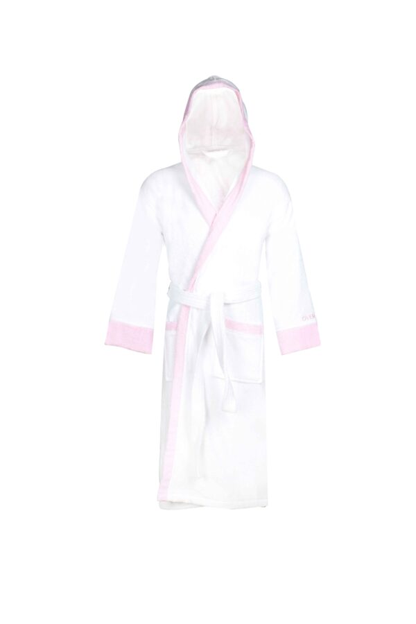 White & Peach Pink Terry Hooded Bathrobe (CNFIBO) – Soft & Stylish Comfort!