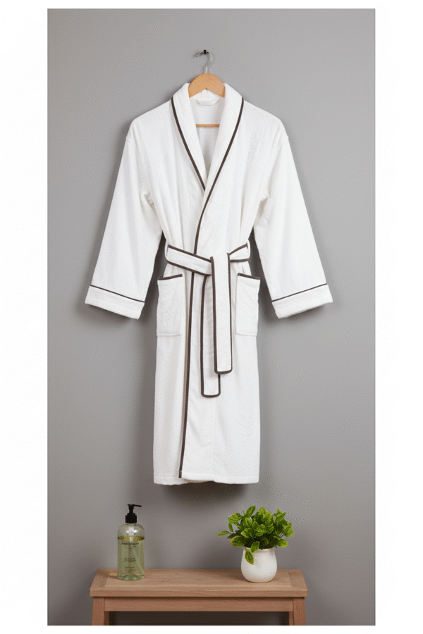 White with Coffee Trim Jacquard Velour Bathrobe (CNFIBO) – Sophisticated Two-Tone Luxury!