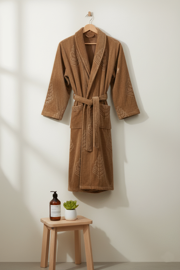 Brown Shawl Collar Jacquard Velour Bathrobe (CNFIBO) – Rich & Refined Texture!