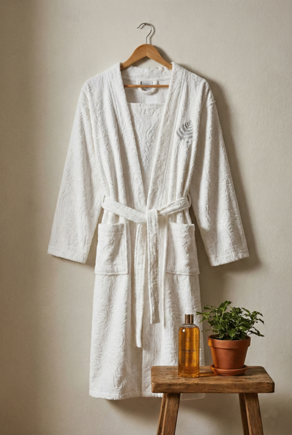White Square Neckline Jacquard Velour Bathrobe (CNFIBO) – Elegant & Textured!